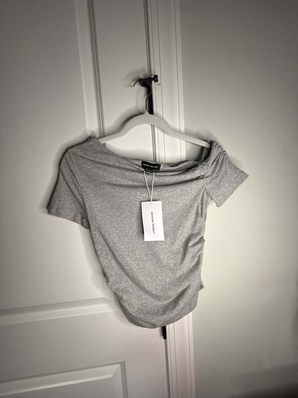 Urban Revivo Grey Asymmetric Off Shoulder Ruched Short Sleeve Top